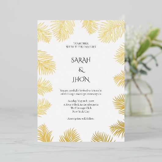 Tropische Palm minimalistische bruiloft uitnodigin Folie Uitnodiging (Staand Voorkant)