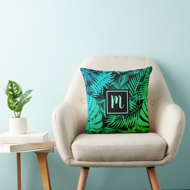 Tropische palm monogram turquoise groen ombre vet kussen (Stoel)
