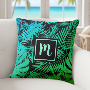 Tropische palm monogram turquoise groen ombre vet kussen