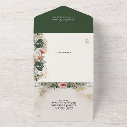 Tropische palm | Monstera Beach Weddenschap All In One Uitnodiging (Buitenkant)