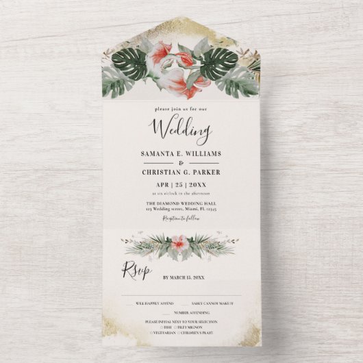 Tropische palm | Monstera Beach Weddenschap All In One Uitnodiging (Binnen)