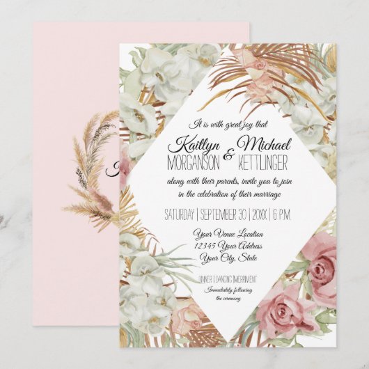Tropische palm Pampas Grass Greenery Blush Floral Kaart (Voorkant / Achterkant)