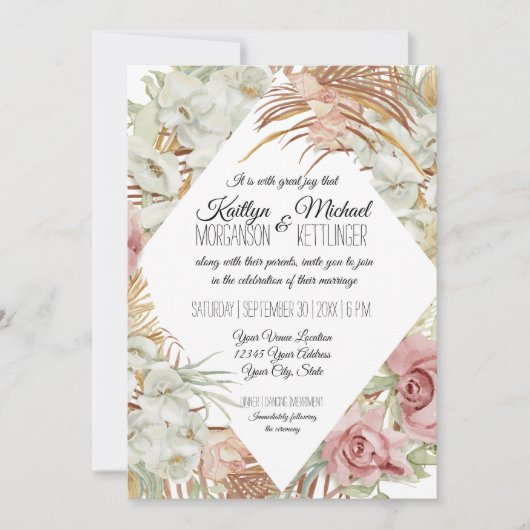 Tropische palm Pampas Grass Greenery Blush Floral Kaart (Voorkant)