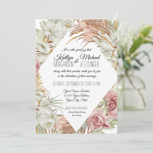 Tropische palm Pampas Grass Greenery Blush Floral Kaart (Staand voorkant)