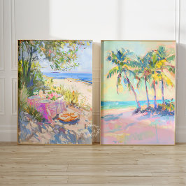 Tropische Palm Pastel Kustmuur Art Set van 2