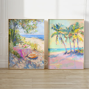 Tropische Palm Pastel Kustmuur Art Set van 2