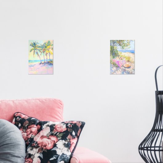 Tropische Palm Pastel Kustmuur Art Set van 2 (Woonkamer)