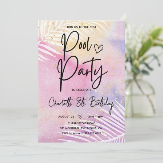 Tropische Palm Pastel Rainbow Pool Party Verjaarda Kaart (Staand voorkant)