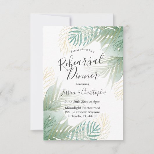 Tropische Palm Sage Groene Bruiloft repetitie dine Kaart (Voorkant)