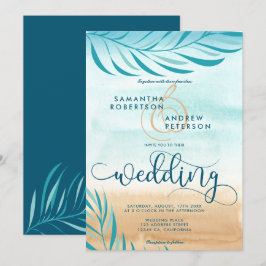 Tropische palm strand chique bruiloft script kaart