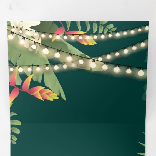 Tropische Palm String Lights Foto Collage Bruiloft Drieluik Uitnodiging (Binnenzijde eerst)