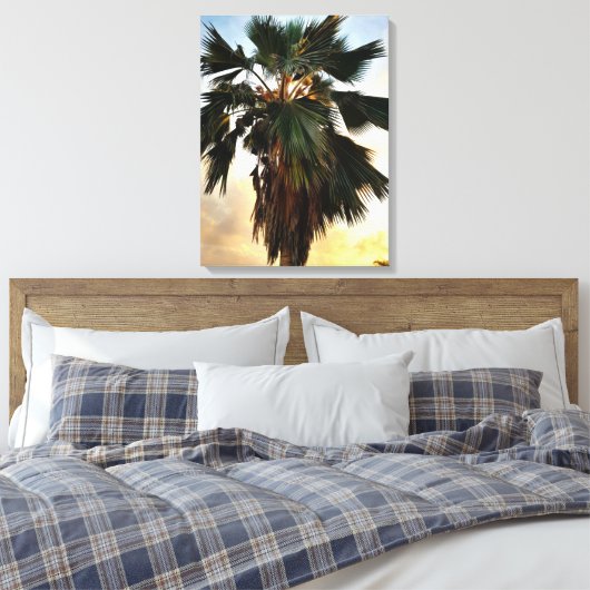 Tropische Palm Sunset – Uitgerekt Canvas Print (Insitu (Slaapkamer))