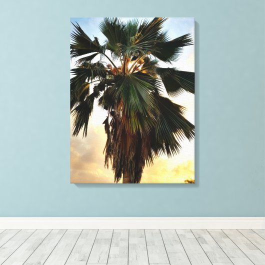 Tropische Palm Sunset – Uitgerekt Canvas Print (Insitu (Houten vloer))
