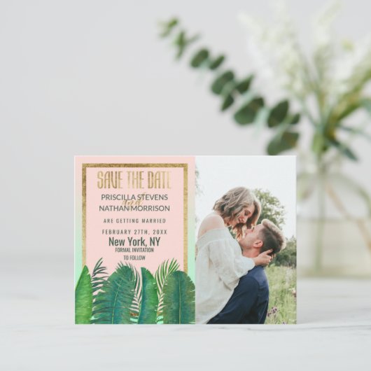 Tropische Palm Tree Banana Leaf Gold Save the Date Briefkaart (Staand voorkant)