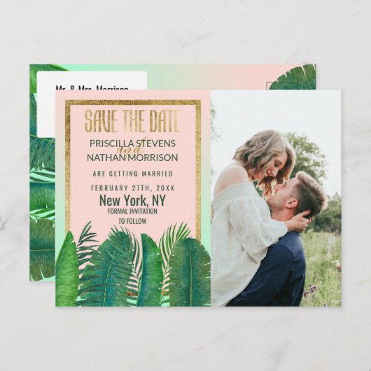 Tropische Palm Tree Banana Leaf Gold Save the Date Briefkaart (Voorkant / Achterkant)