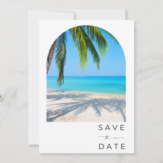 Tropische Palm Tree Beach Digitale bruiloft Save The Date (Voorkant)
