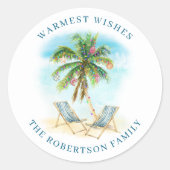 Tropische Palm Tree Beach Kerstmis Ronde Sticker (Voorkant)