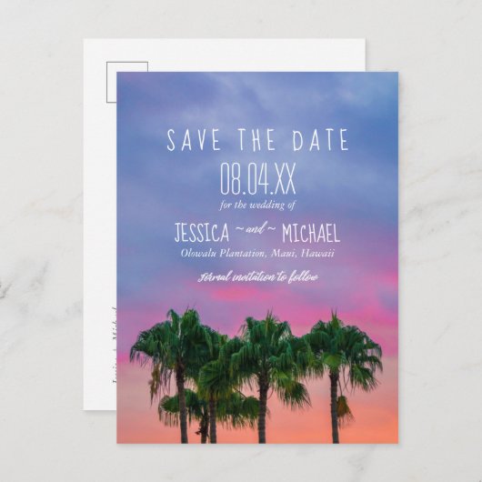 Tropische Palm Tree Beach Sunset Save the Dates Aankondigingskaart (Voorkant / Achterkant)