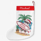 Tropische Palm Tree Beach Surfing Santa Kleine Kerstsok (Achterkant)