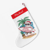 Tropische Palm Tree Beach Surfing Santa Kleine Kerstsok (Achterkant (Hangend))