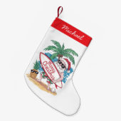 Tropische Palm Tree Beach Surfing Santa Kleine Kerstsok (Voorkant (Hangend))
