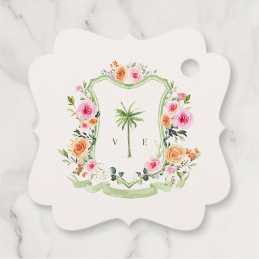 Tropische Palm Tree Crest Monogram Strand Huwelijk Bedankjes Labels (Achterkant)