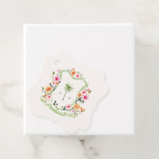 Tropische Palm Tree Crest Monogram Strand Huwelijk Bedankjes Labels (In situ)