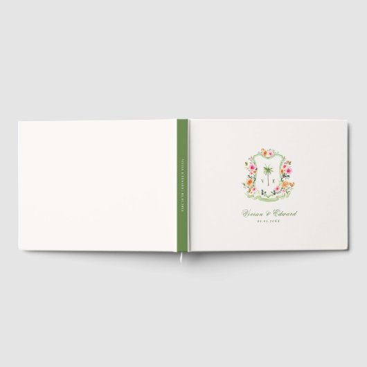 Tropische Palm Tree Crest Monogram Zomer Huwelijk Gastenboek (Volledig)