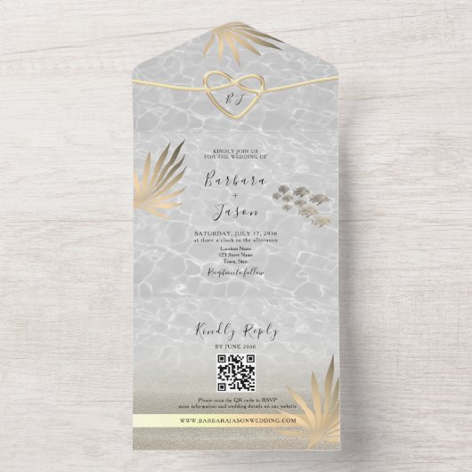 Tropische Palm Tree Gold Beach bruiloft All In One Uitnodiging (Binnen)
