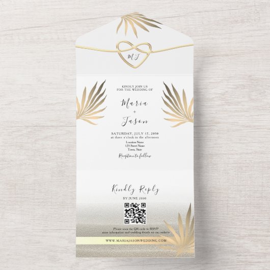 Tropische Palm Tree Gold Beach bruiloft All In One Uitnodiging (Binnen)