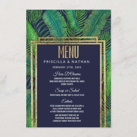 Tropische Palm Tree Greenery Goud Marine Blauw Huw Menu (Voorkant)