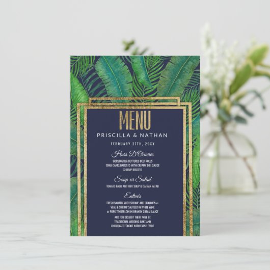 Tropische Palm Tree Greenery Goud Marine Blauw Huw Menu (Staand voorkant)