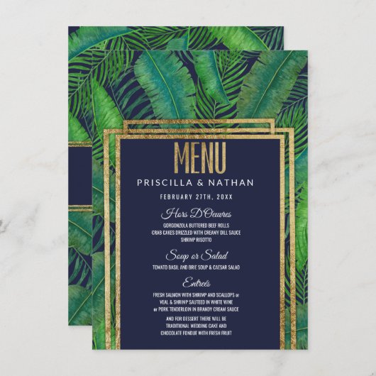 Tropische Palm Tree Greenery Goud Marine Blauw Huw Menu (Voorkant / Achterkant)