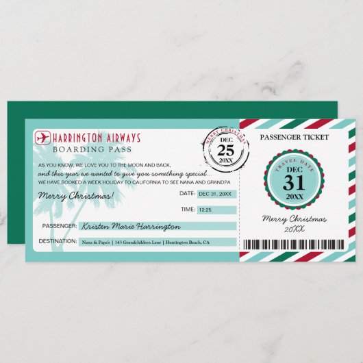 Tropische Palm Tree Kerstcadeau Boarding Pass Kaart (Voorkant / Achterkant)