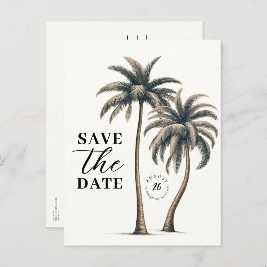 Tropische Palm Tree Kustbruiloft Save the Date Aankondigingskaart (Voorkant / Achterkant)