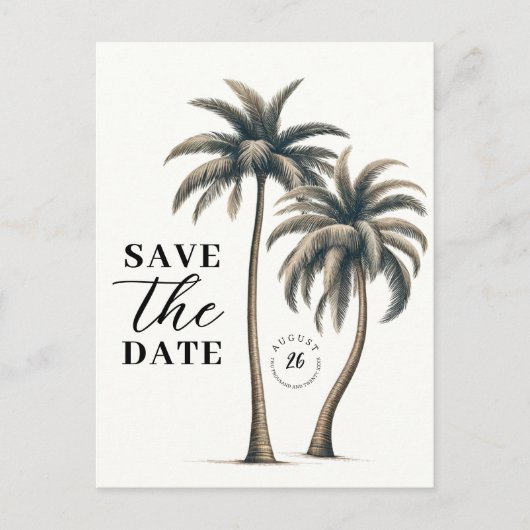 Tropische Palm Tree Kustbruiloft Save the Date Aankondigingskaart (Voorkant)