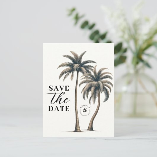 Tropische Palm Tree Kustbruiloft Save the Date Aankondigingskaart (Staand voorkant)