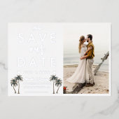 Tropische Palm Tree Kustbruiloft Save the Date Folie Uitnodiging (Voorkant)
