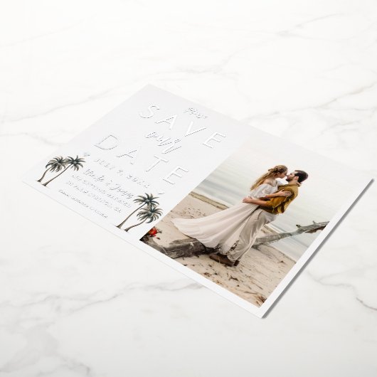 Tropische Palm Tree Kustbruiloft Save the Date Folie Uitnodiging (Gedraaid)