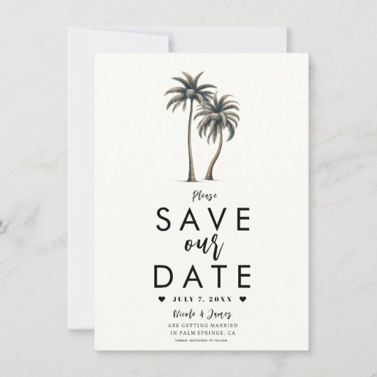 Tropische Palm Tree Kustbruiloft Save the Date Kaart (Voorkant)