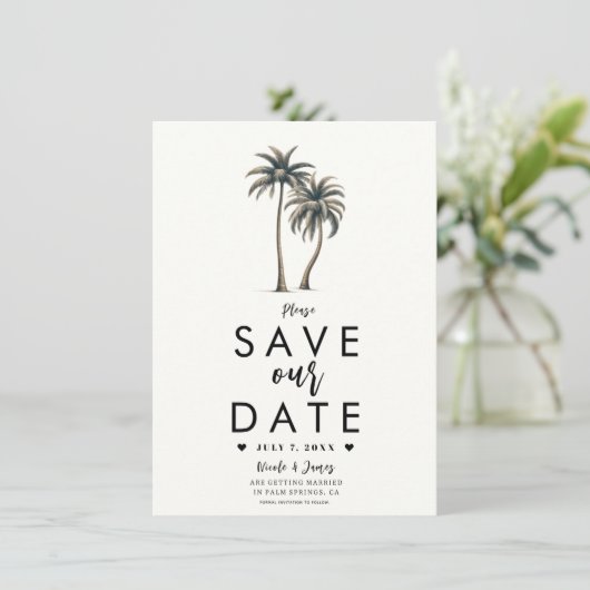 Tropische Palm Tree Kustbruiloft Save the Date Kaart (Staand voorkant)