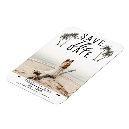Tropische Palm Tree Kustbruiloft Save the Date Magneet (Linkerzijde)