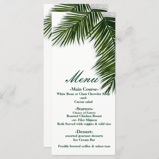 Tropische Palm Tree Leaf Elegant Wedding Menu (Voorkant / Achterkant)