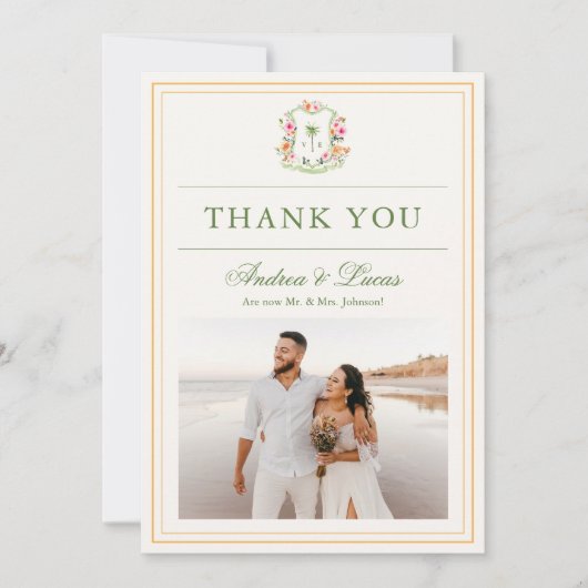 Tropische Palm Tree Monogram bruiloft Dank u kaart (Voorkant)