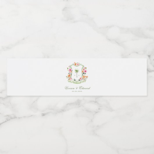 Tropische Palm Tree Monogram Crest Beach Wedding Waterfles Etiket (Enkel label)