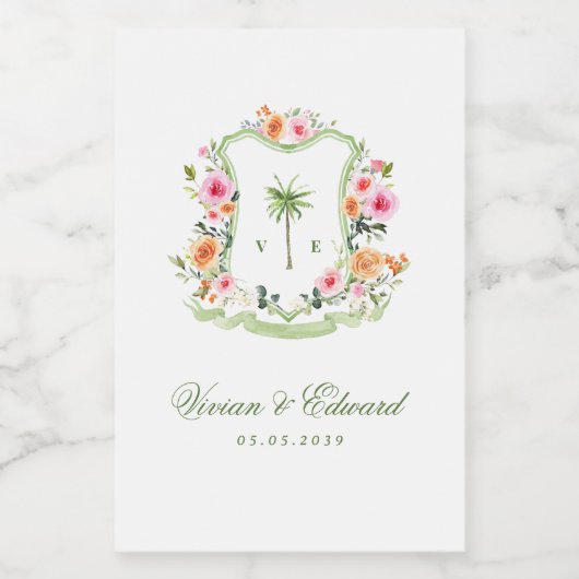 Tropische Palm Tree Monogram Crest Beach Wedding Wijn Etiket (Enkel label)