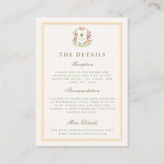 Tropische Palm Tree Monogram Details Strand Huweli Informatiekaartje (Voorkant)