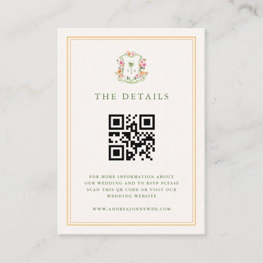 Tropische Palm Tree QR Code Details Strand Huwelij Informatiekaartje (Voorkant)