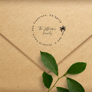 Tropische Palm Tree Ronde Familie Retour Adres Zelfinktende Stempel