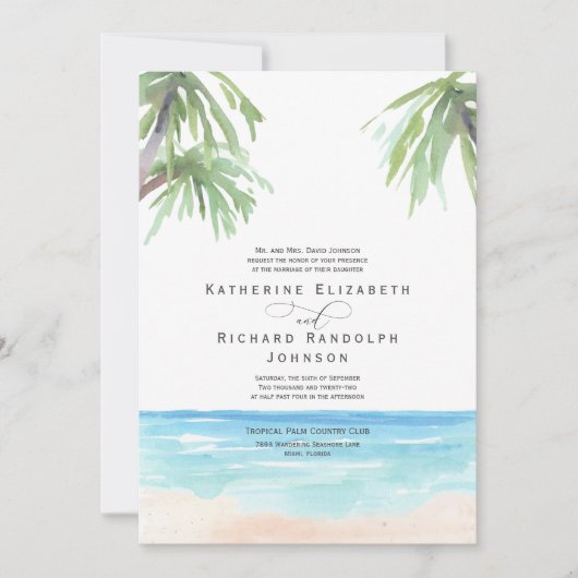 Tropische palm Trees Beach Wedding Invitation Kaart (Voorkant)